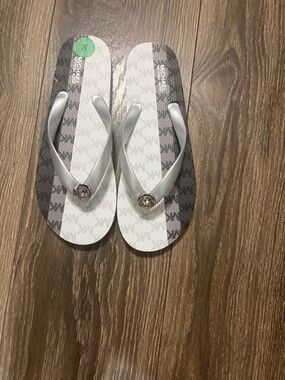 Michael Kors Silver and White MK Pattern Flip Flops